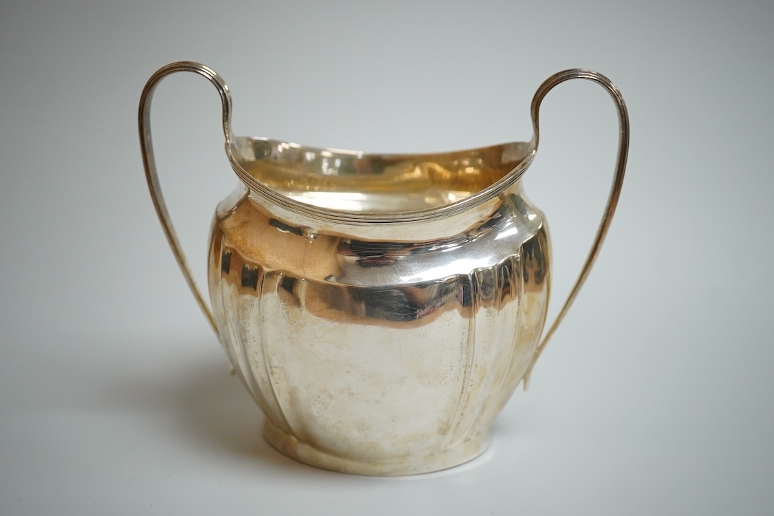 A George V silver three piece oval tea set, by S. Blanckensee & Son, Birmingham, 1918/19, gross weight 31oz.